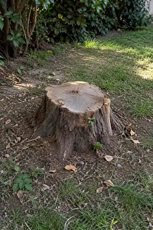 Tocón de árbol para quitar recién cortado, en el césped del jardín