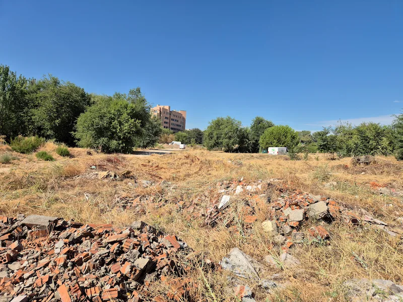 Terreno en Hortaleza con la hierba seca alta y los edificios al fondo, antes del desbroce
